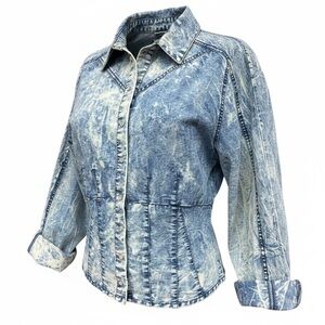 Thrill Jeans Acid Wash Denim Jacket Blue Snap Front Large Retro 80s Style EUC